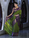 Banarasee Handloom Semi Silk Saree With Zari Checks Design & Contrast Border-Green & Purple