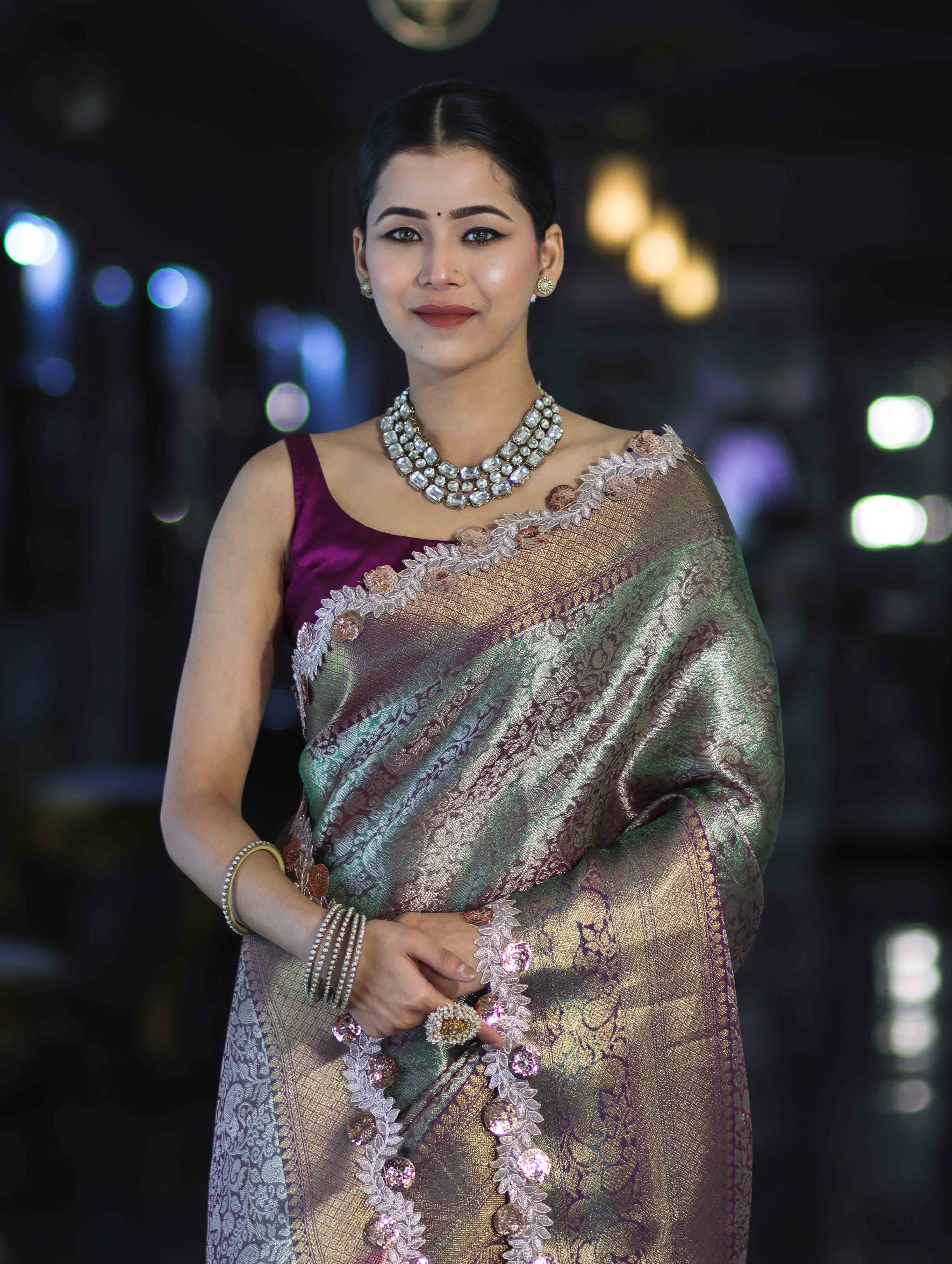 Banarasee Handloom Dual Tone Tissue Saree With Zari Weaving Floral Work & Lace Border-Green & Violet