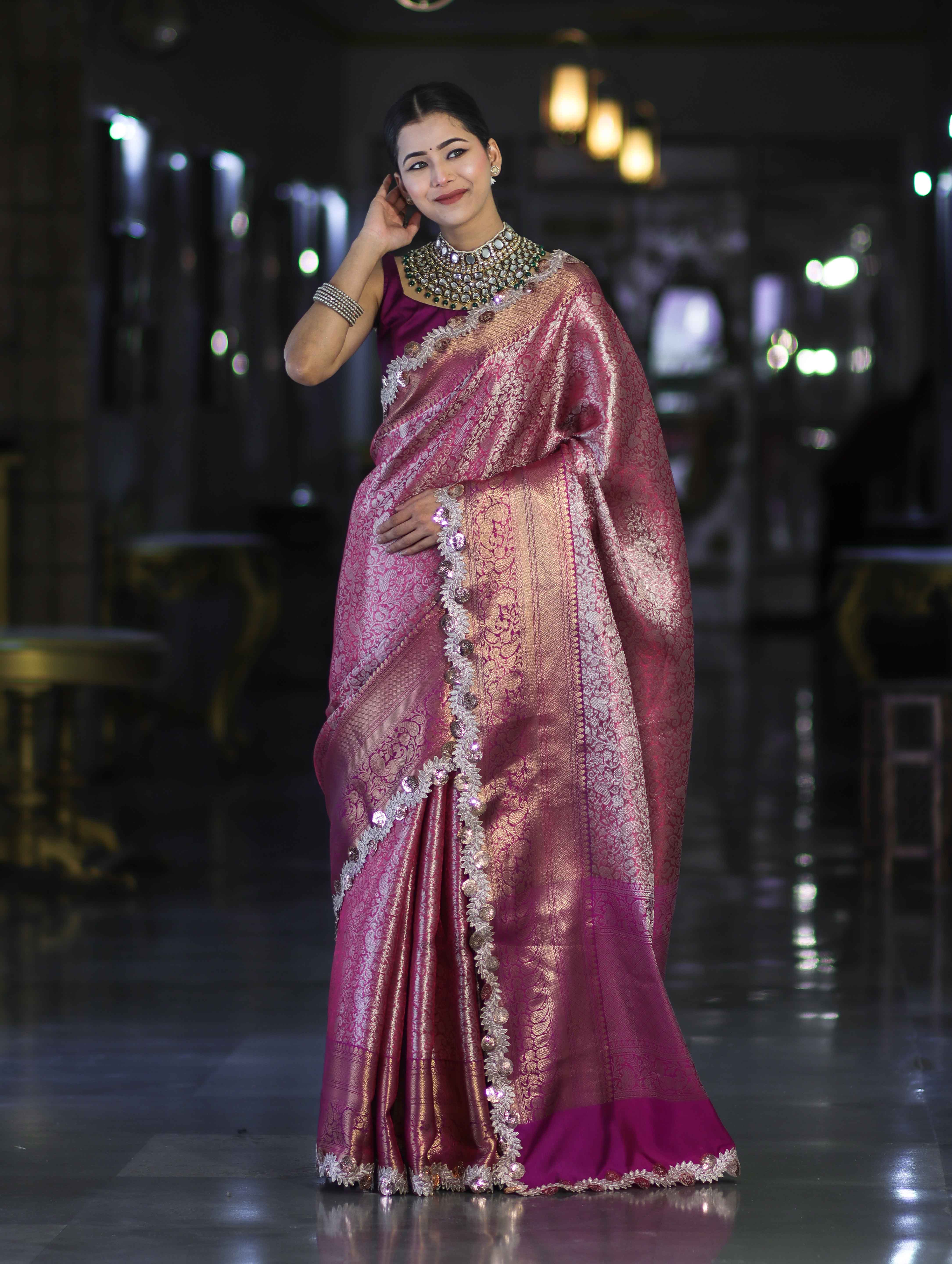 Banarasee Handloom Dual Tone Tissue Saree With Zari Weaving Floral Work & Lace Border-Deep Magenta
