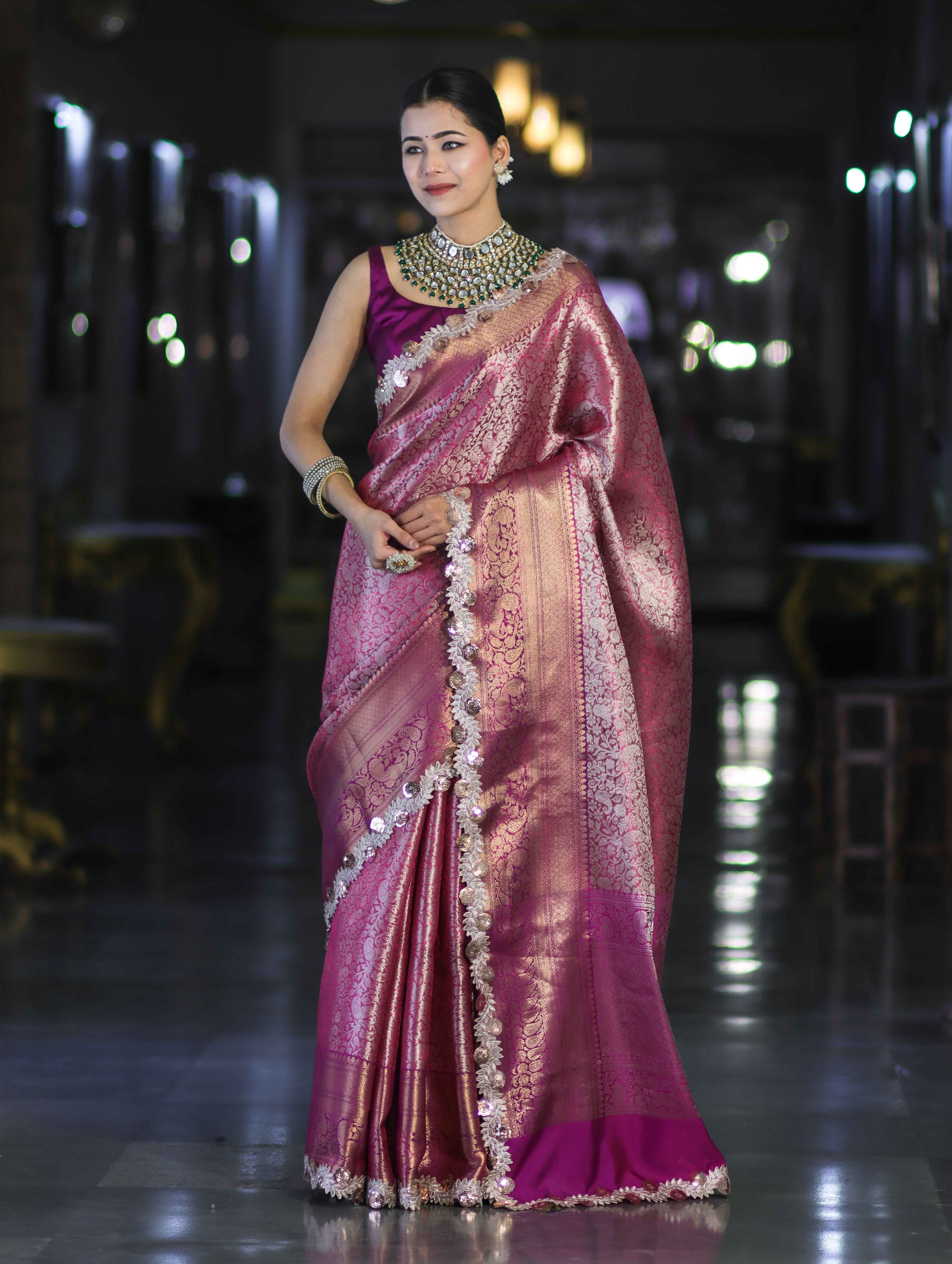 Banarasee Handloom Dual Tone Tissue Saree With Zari Weaving Floral Work & Lace Border-Deep Magenta