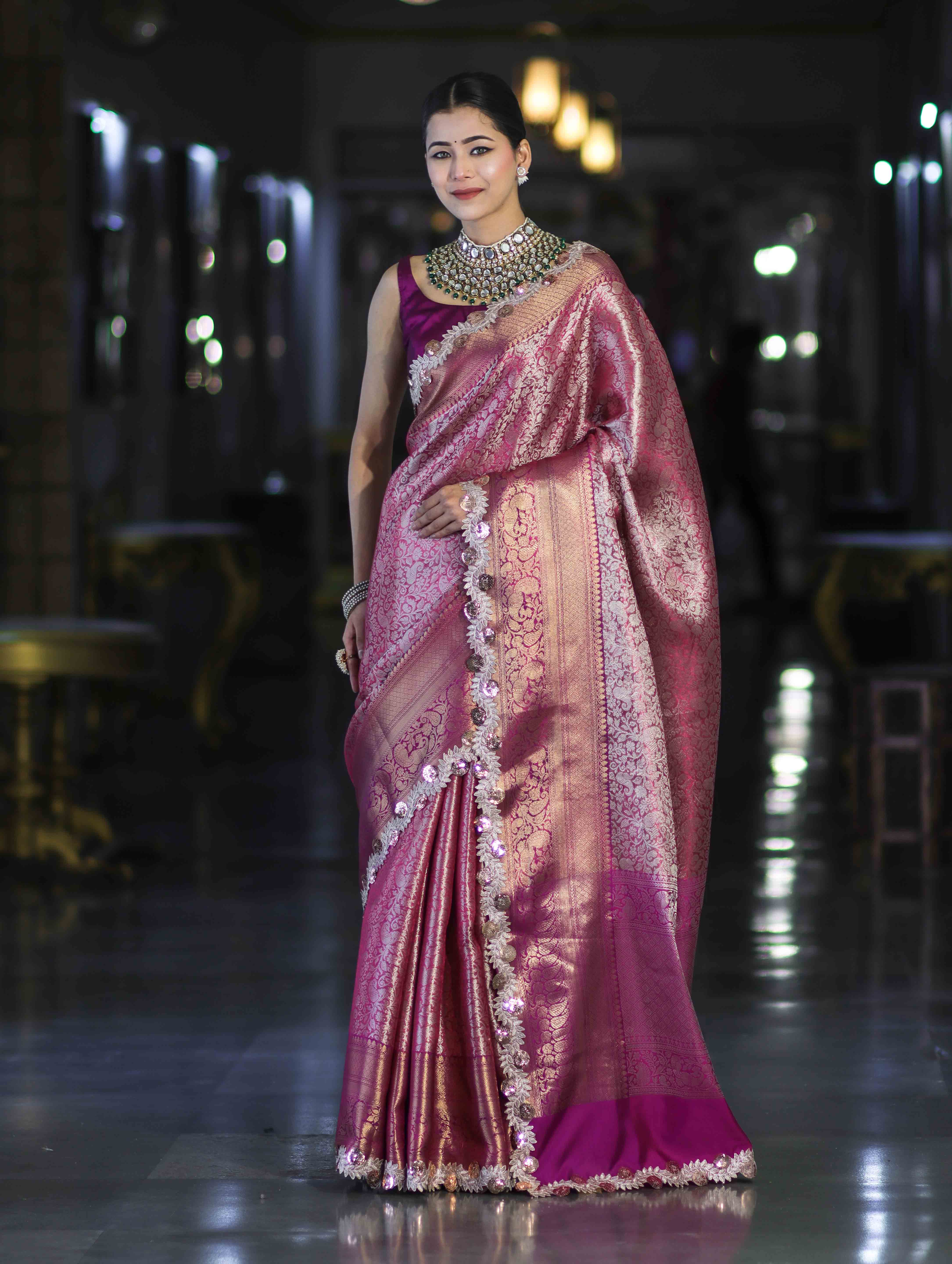 Banarasee Handloom Dual Tone Tissue Saree With Zari Weaving Floral Work & Lace Border-Deep Magenta