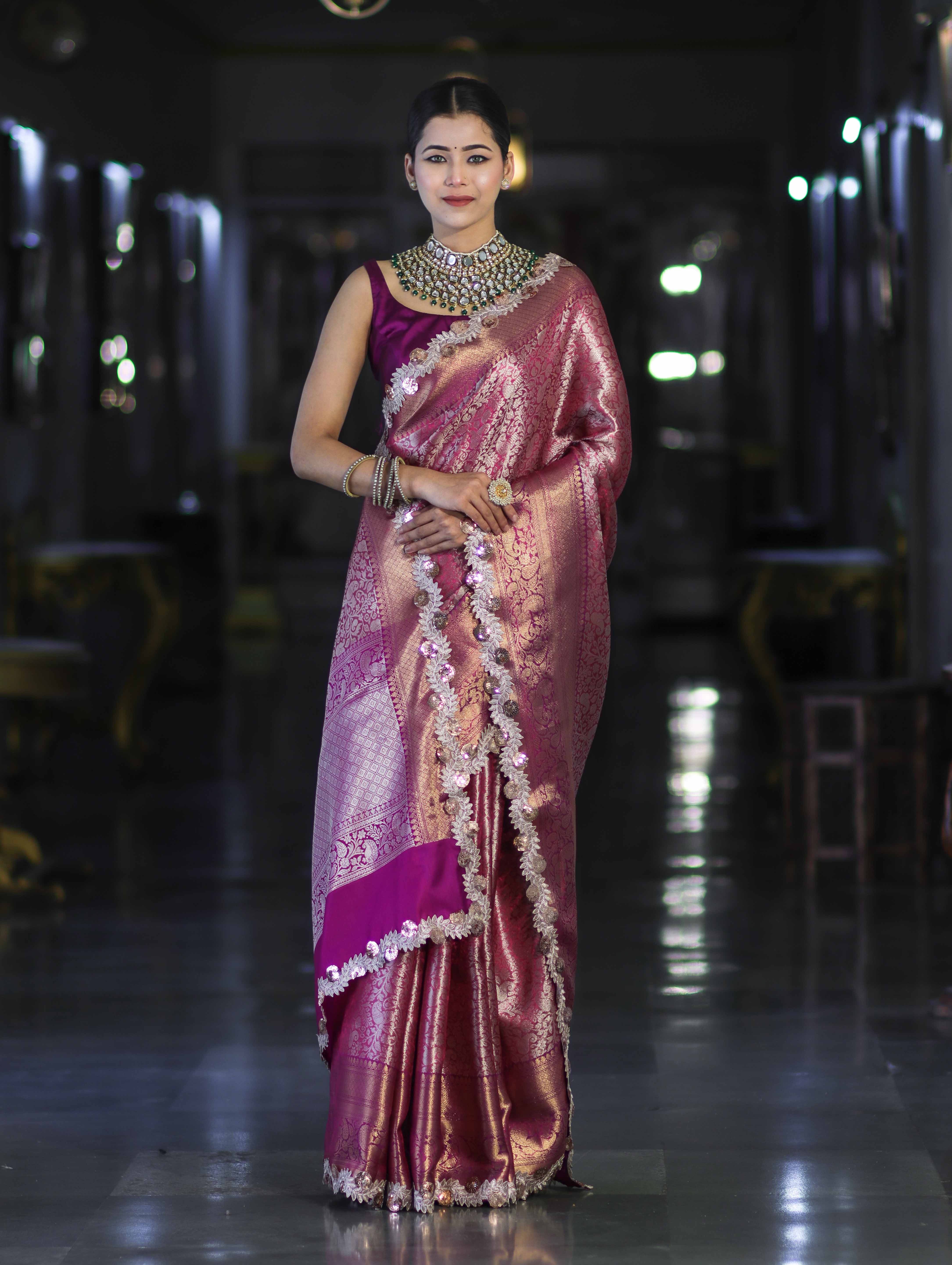 Banarasee Handloom Dual Tone Tissue Saree With Zari Weaving Floral Work & Lace Border-Deep Magenta