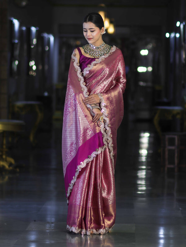 Banarasee Handloom Dual Tone Tissue Saree With Zari Weaving Floral Work & Lace Border-Deep Magenta