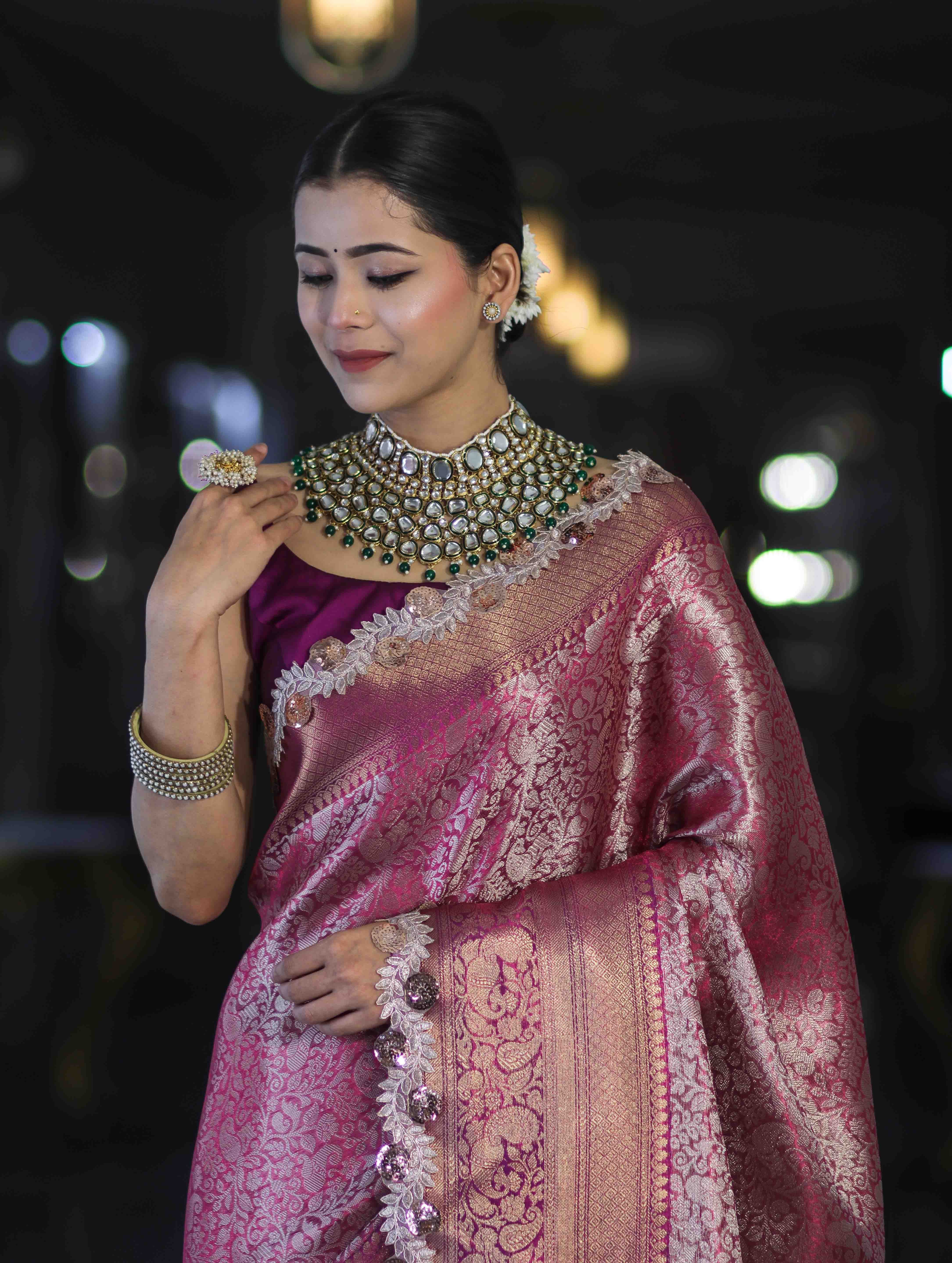 Banarasee Handloom Dual Tone Tissue Saree With Zari Weaving Floral Work & Lace Border-Deep Magenta