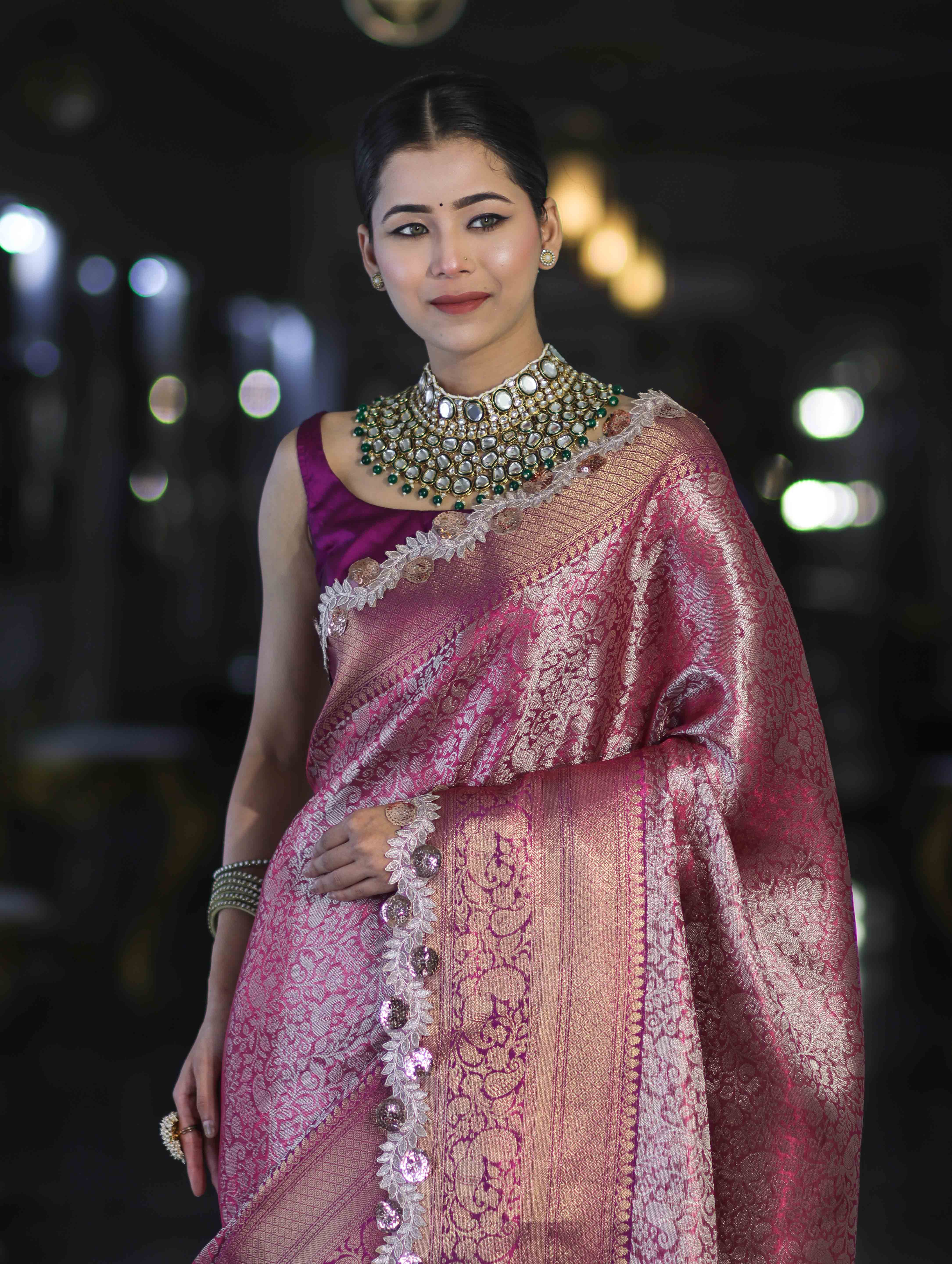 Banarasee Handloom Dual Tone Tissue Saree With Zari Weaving Floral Work & Lace Border-Deep Magenta