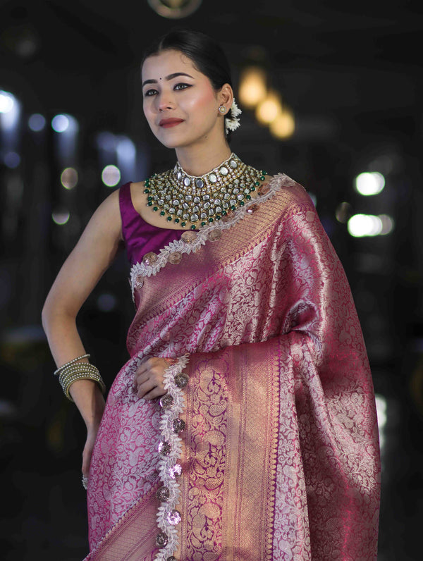 Banarasee Handloom Dual Tone Tissue Saree With Zari Weaving Floral Work & Lace Border-Deep Magenta