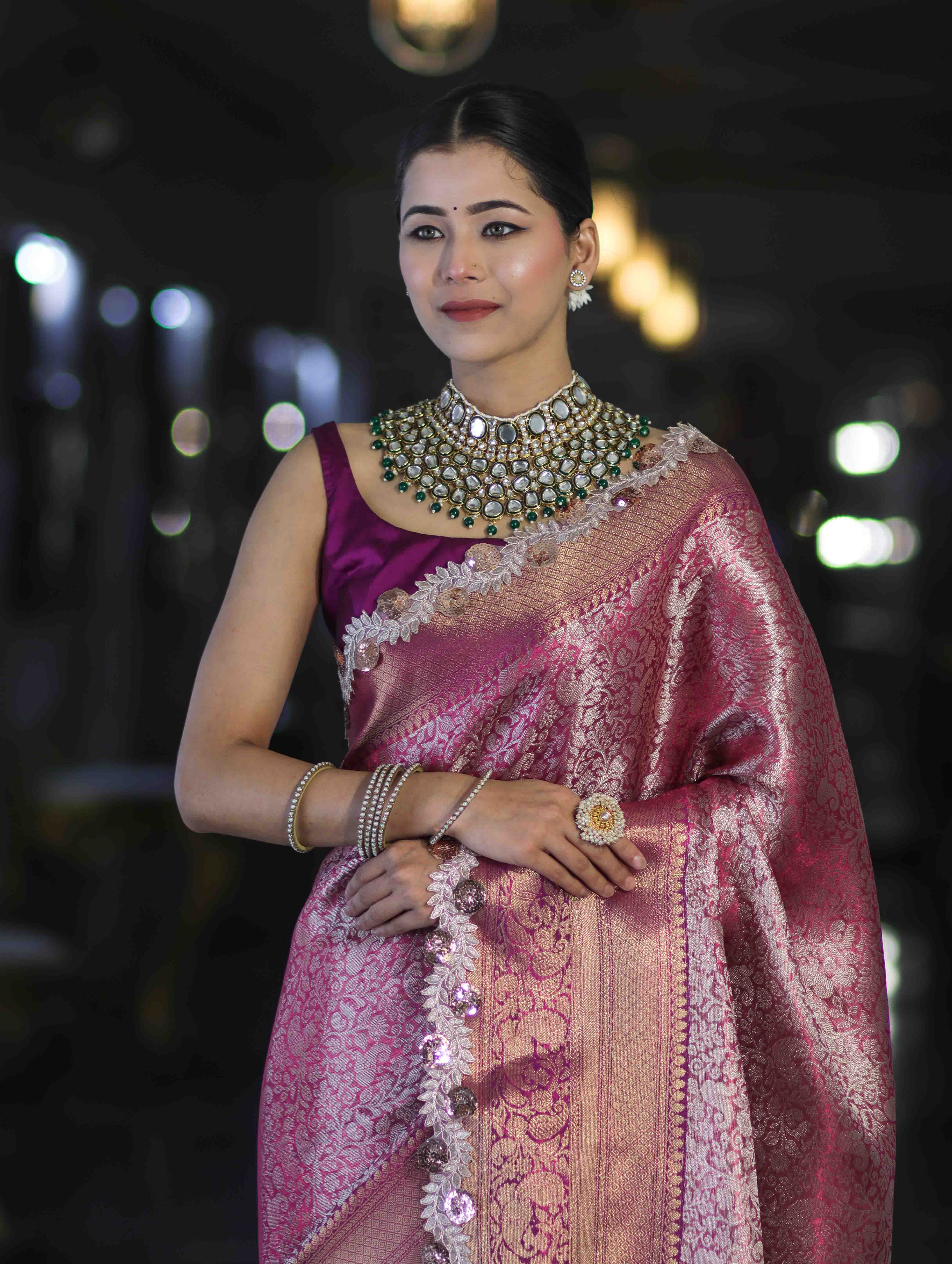 Banarasee Handloom Dual Tone Tissue Saree With Zari Weaving Floral Work & Lace Border-Deep Magenta