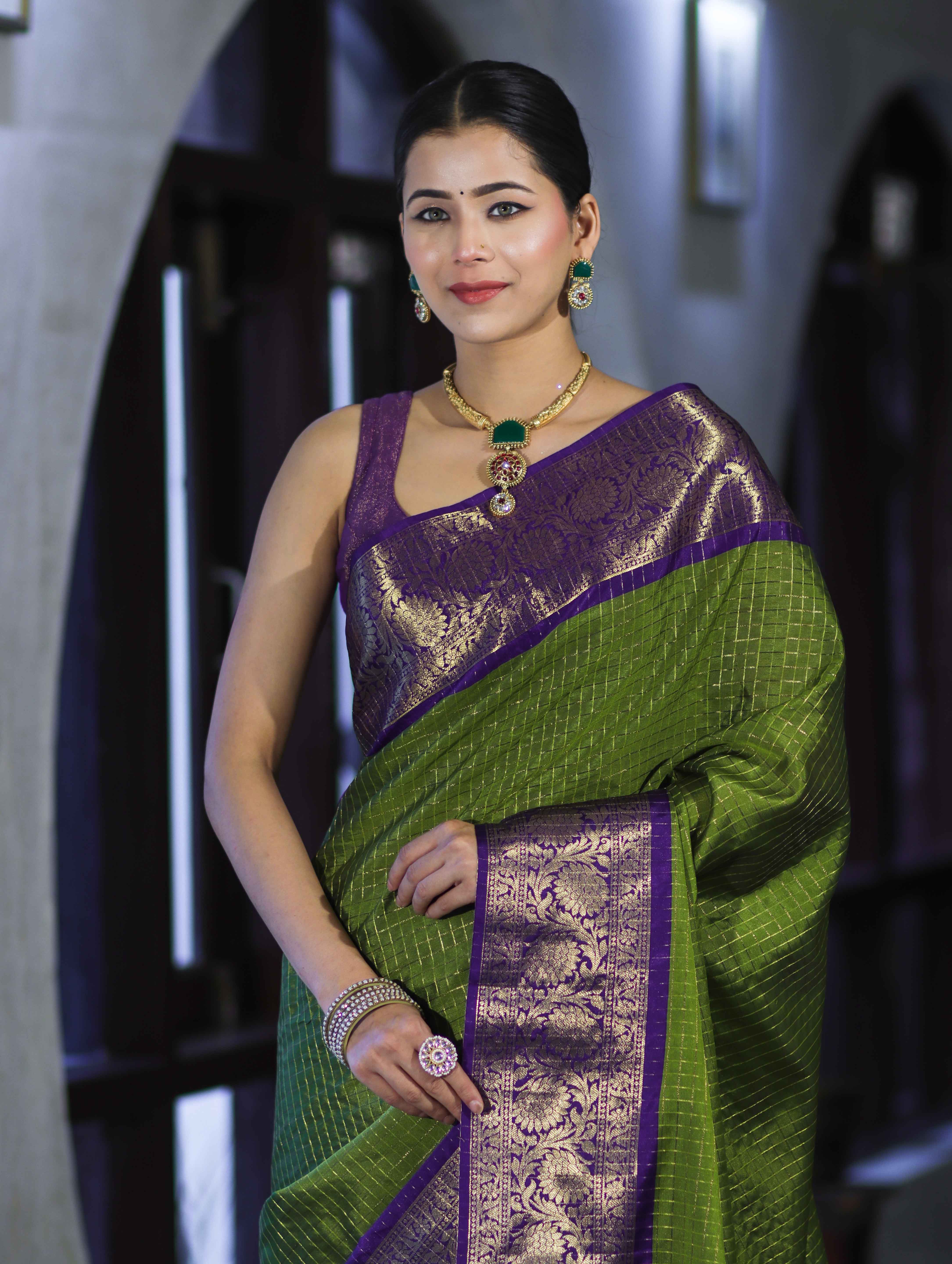 Banarasee Handloom Semi Silk Saree With Zari Checks Design & Contrast Border-Green & Purple