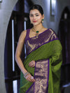Banarasee Handloom Semi Silk Saree With Zari Checks Design & Contrast Border-Green & Purple