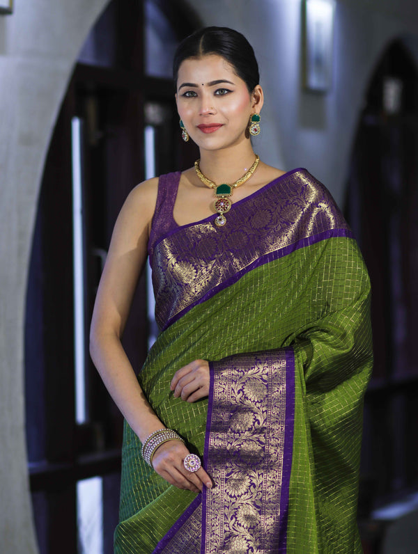 Banarasee Handloom Semi Silk Saree With Zari Checks Design & Contrast Border-Green & Purple