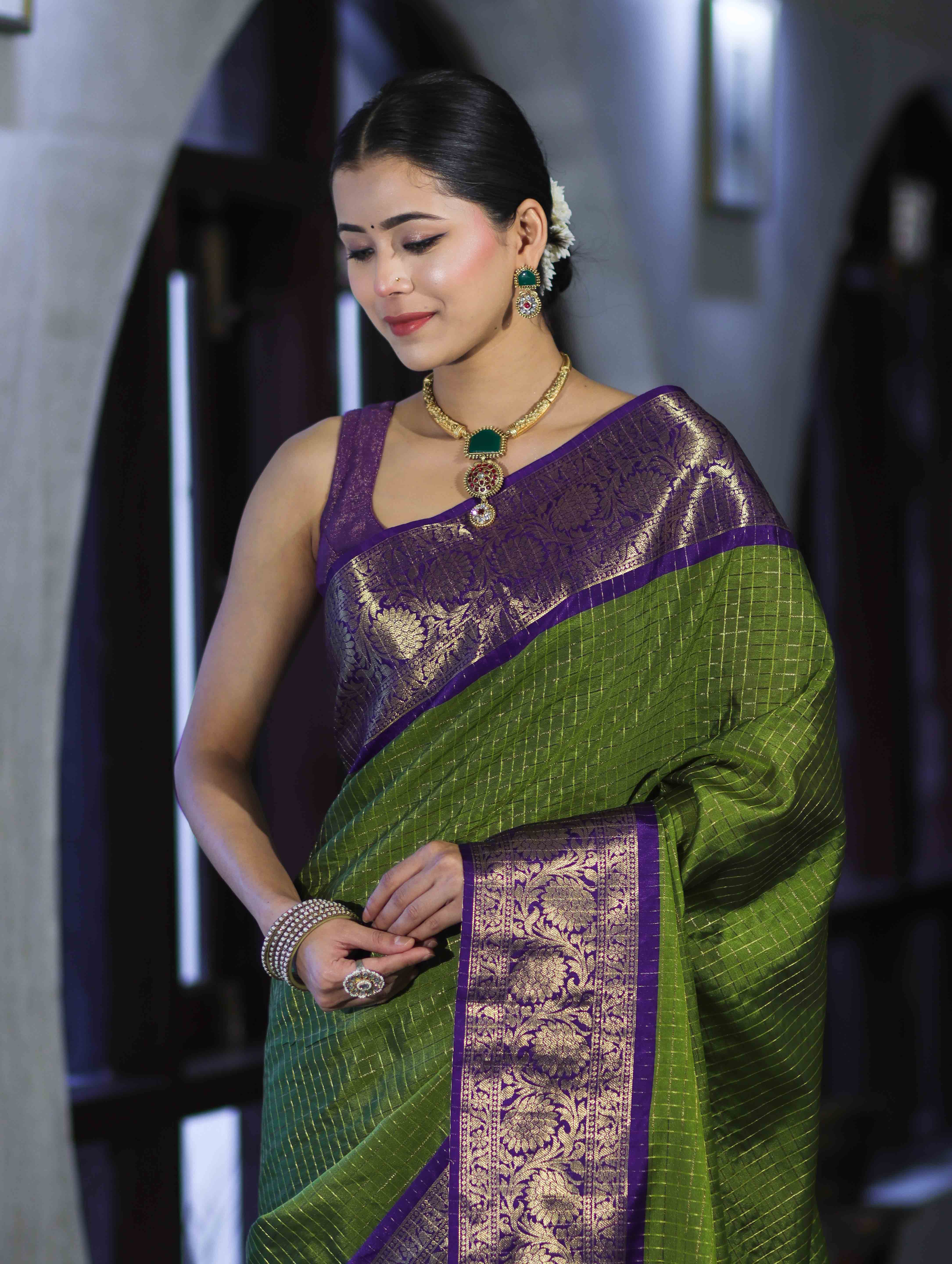 Banarasee Handloom Semi Silk Saree With Zari Checks Design & Contrast Border-Green & Purple