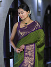Banarasee Handloom Semi Silk Saree With Zari Checks Design & Contrast Border-Green & Purple