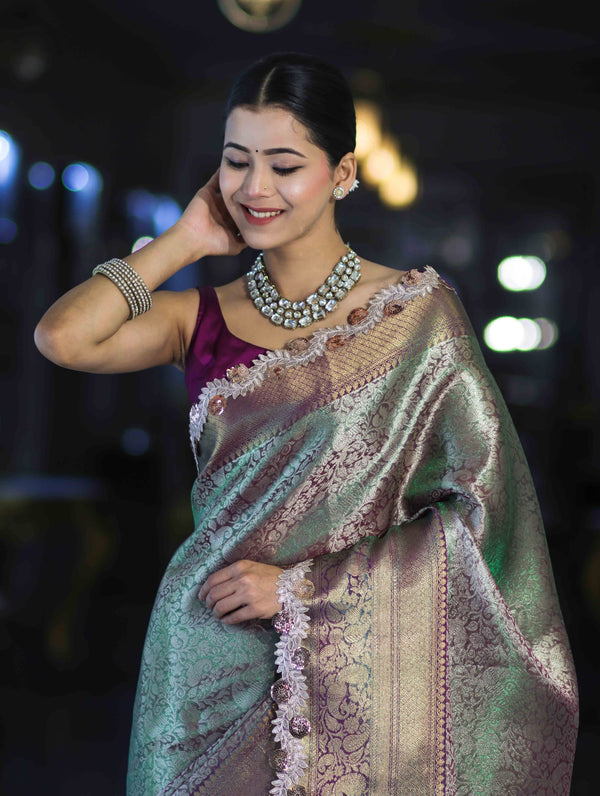 Banarasee Handloom Dual Tone Tissue Saree With Zari Weaving Floral Work & Lace Border-Green & Violet