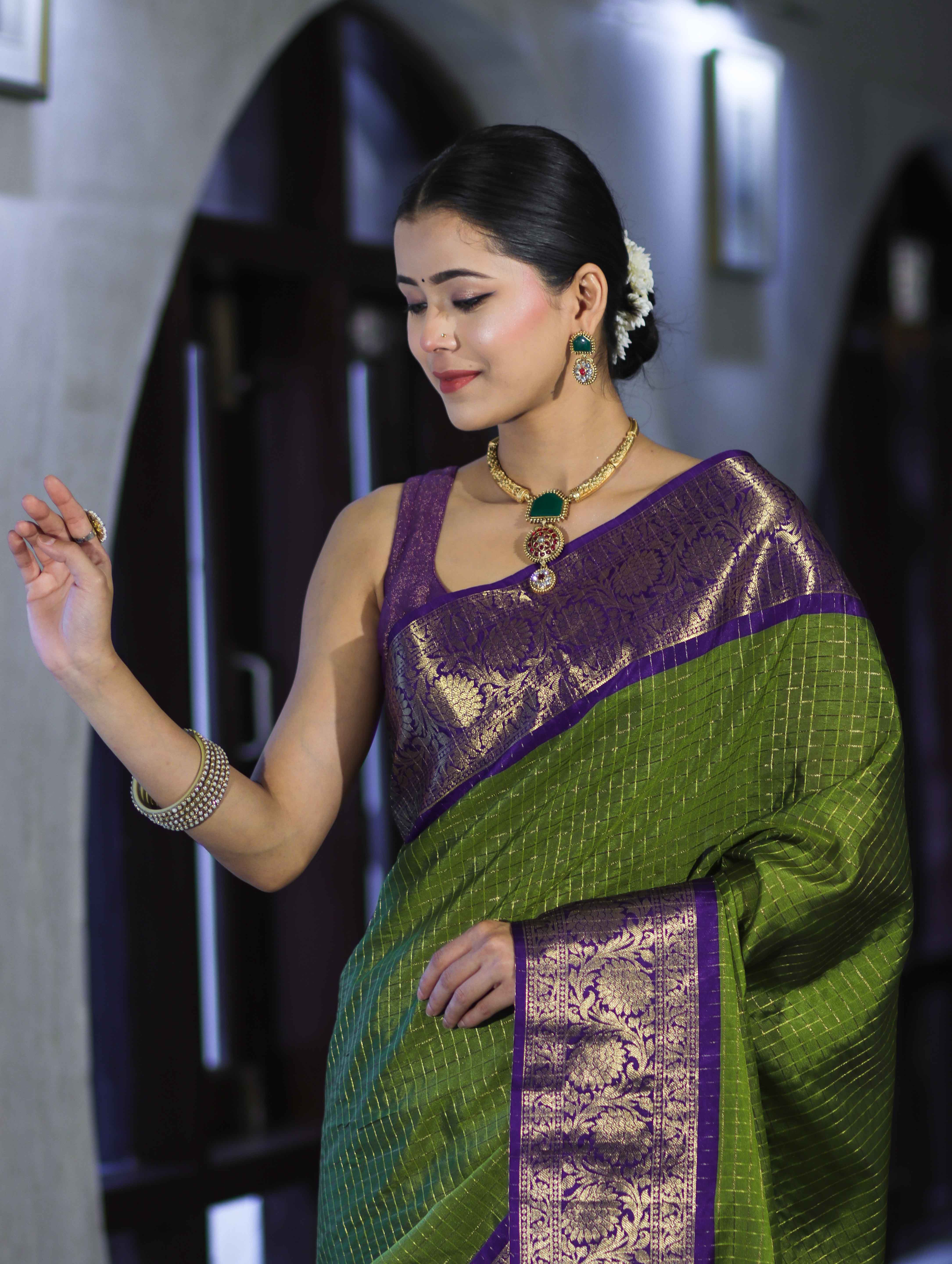 Banarasee Handloom Semi Silk Saree With Zari Checks Design & Contrast Border-Green & Purple