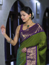 Banarasee Handloom Semi Silk Saree With Zari Checks Design & Contrast Border-Green & Purple