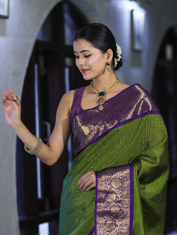 Banarasee Handloom Semi Silk Saree With Zari Checks Design & Contrast Border-Green & Purple