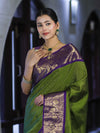 Banarasee Handloom Semi Silk Saree With Zari Checks Design & Contrast Border-Green & Purple
