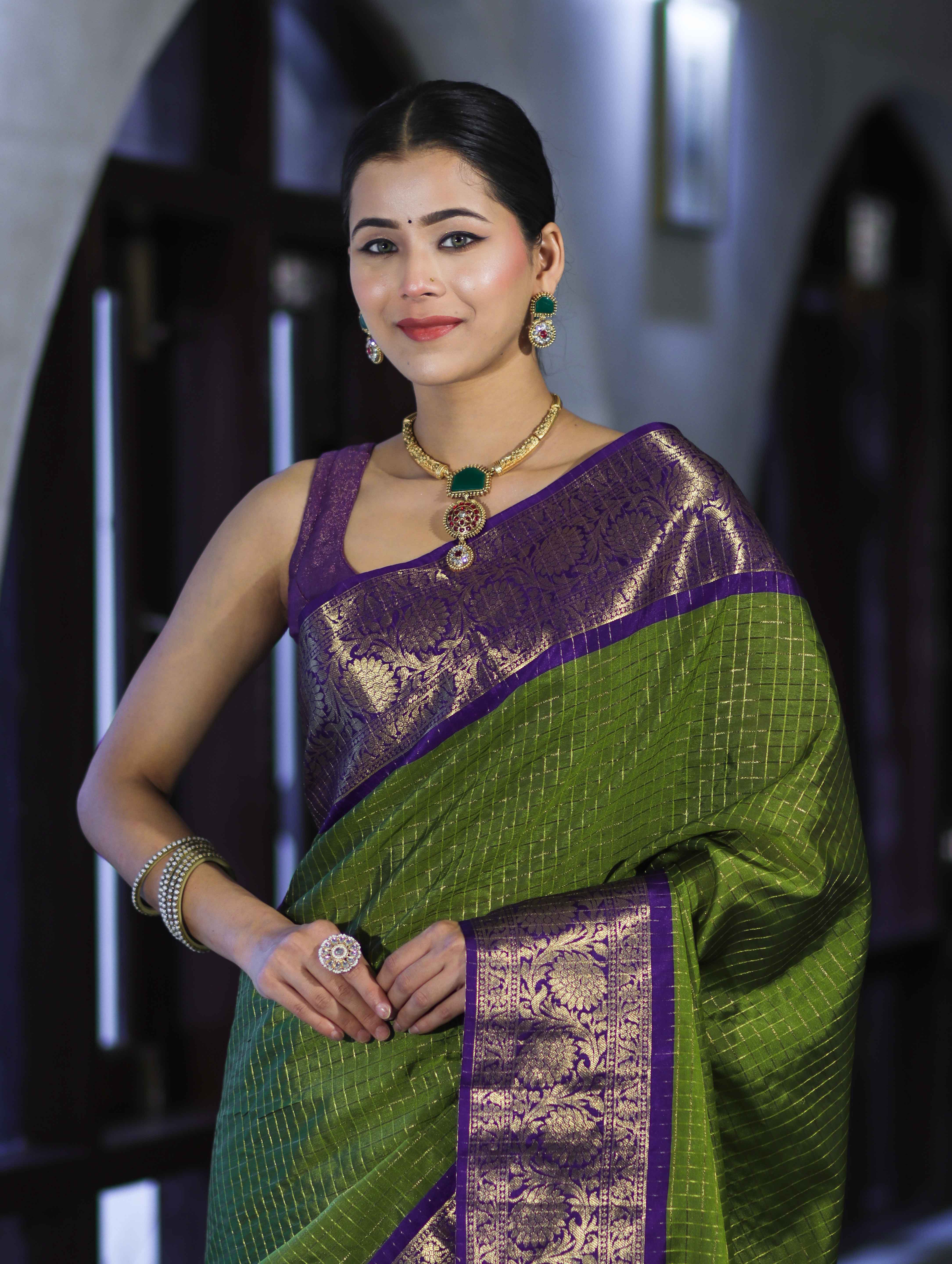 Banarasee Handloom Semi Silk Saree With Zari Checks Design & Contrast Border-Green & Purple