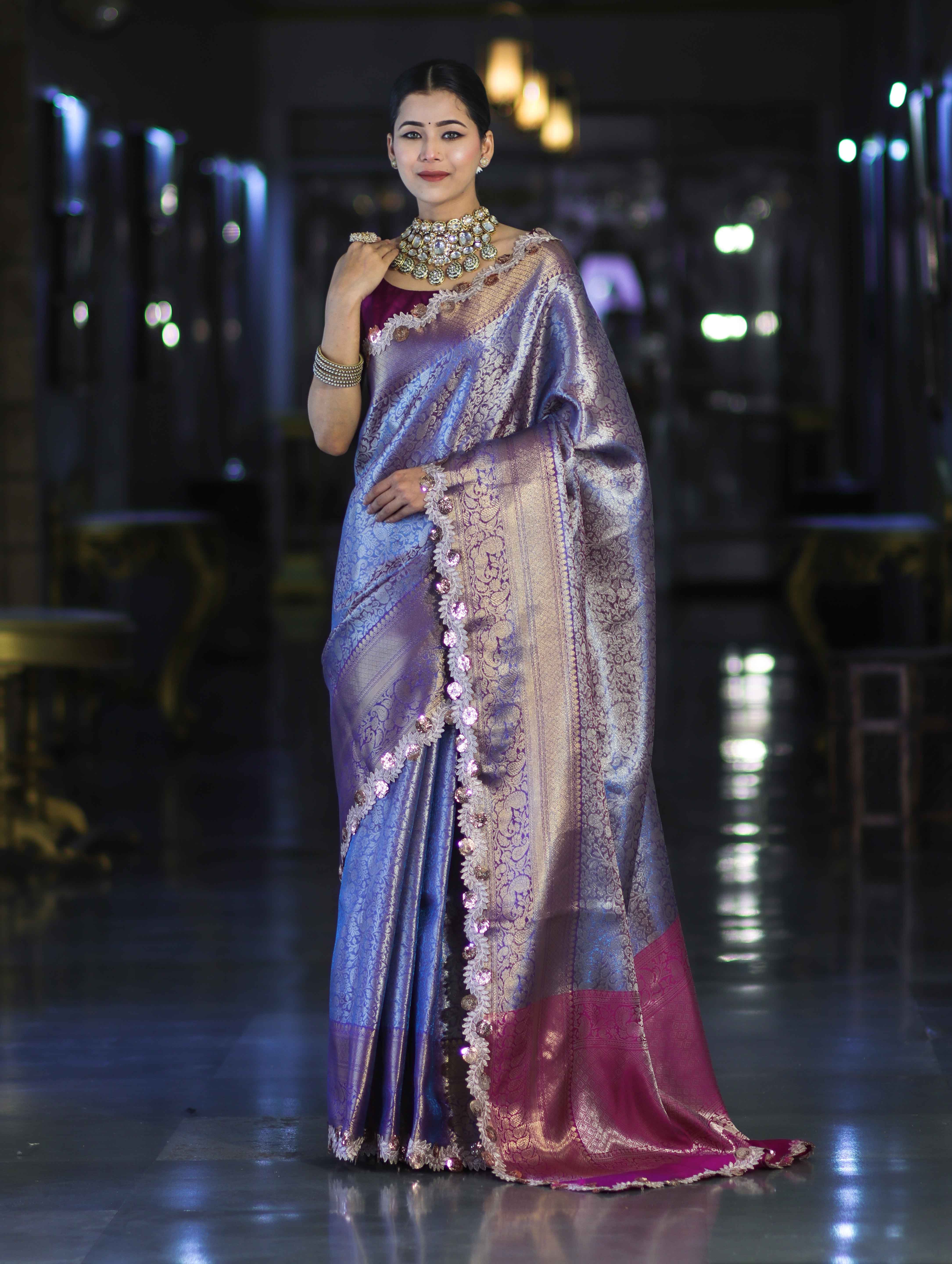 Banarasee Handloom Dual Tone Tissue Saree With Zari Weaving Floral Work & Lace Border-Blue & Violet