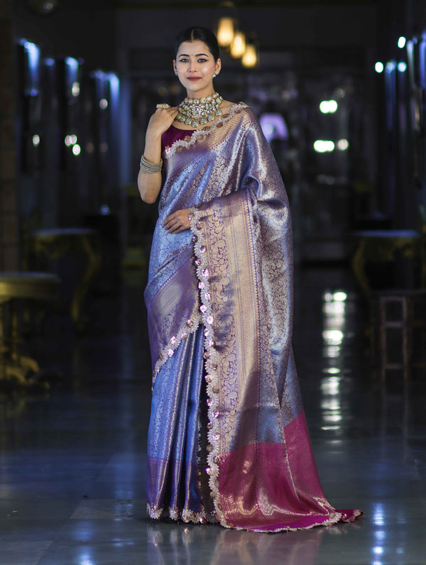 Banarasee Handloom Dual Tone Tissue Saree With Zari Weaving Floral Work & Lace Border-Blue & Violet