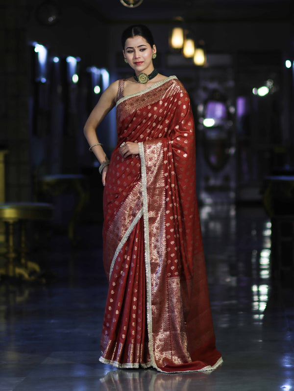 Banarasee Handloom Semi Silk Saree With Zari Buti Design & Lace Border-Dark Rust
