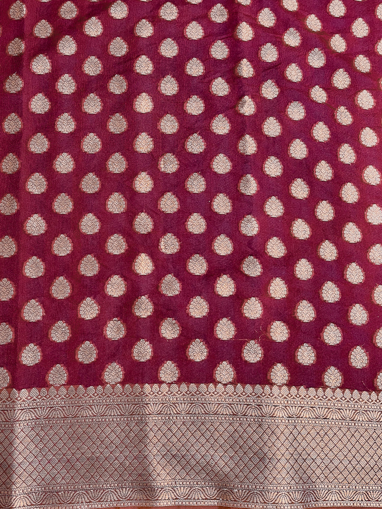 Banarasee Handwoven Georgette Saree With Zari Buta Design & Border-Maroon