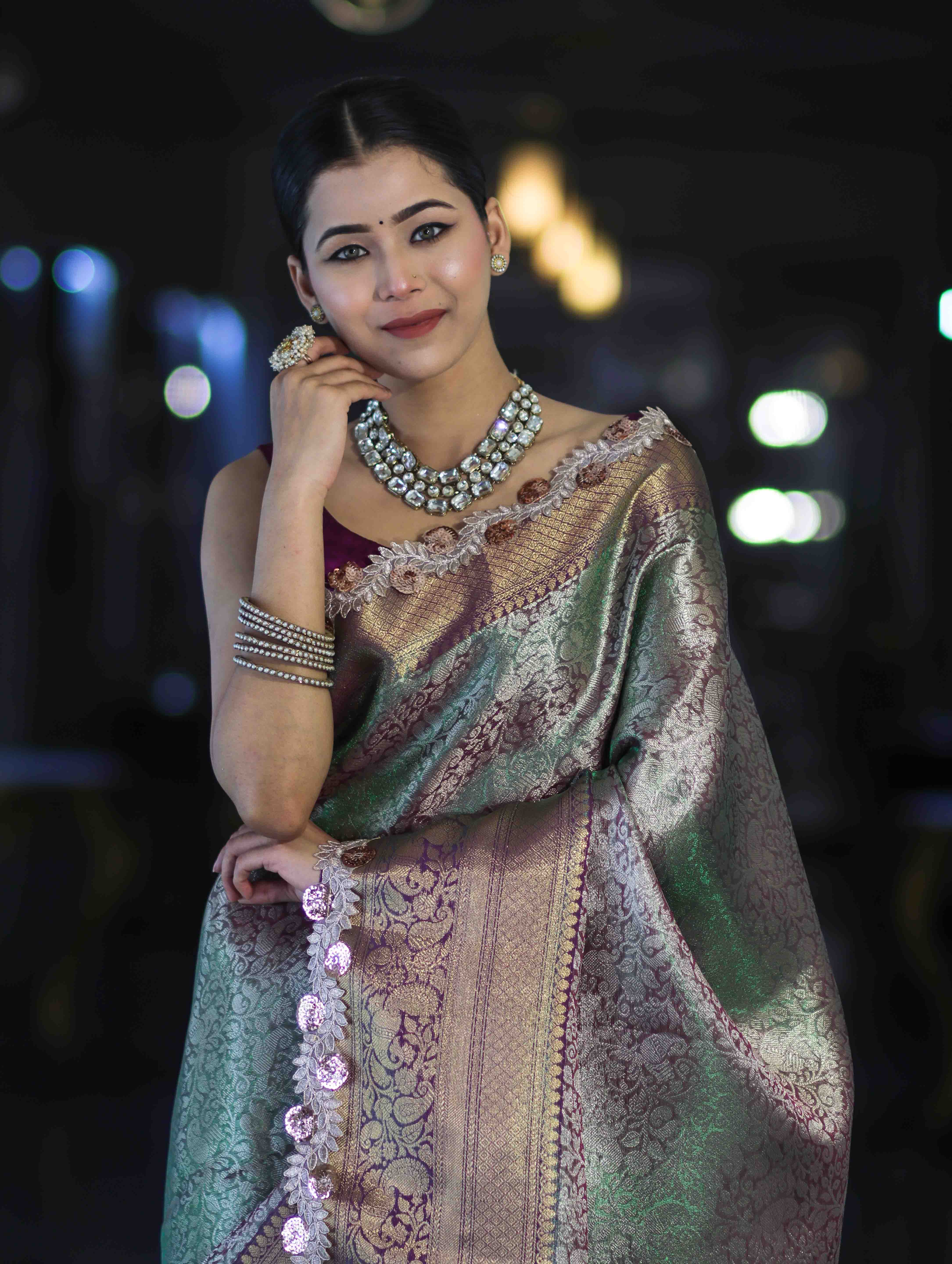 Banarasee Handloom Dual Tone Tissue Saree With Zari Weaving Floral Work & Lace Border-Green & Violet