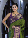 Banarasee Handloom Semi Silk Saree With Zari Checks Design & Contrast Border-Green & Purple