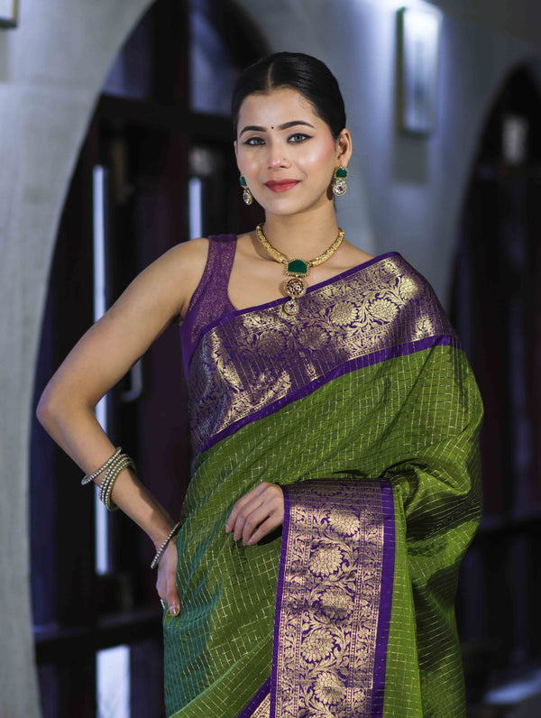 Banarasee Handloom Semi Silk Saree With Zari Checks Design & Contrast Border-Green & Purple