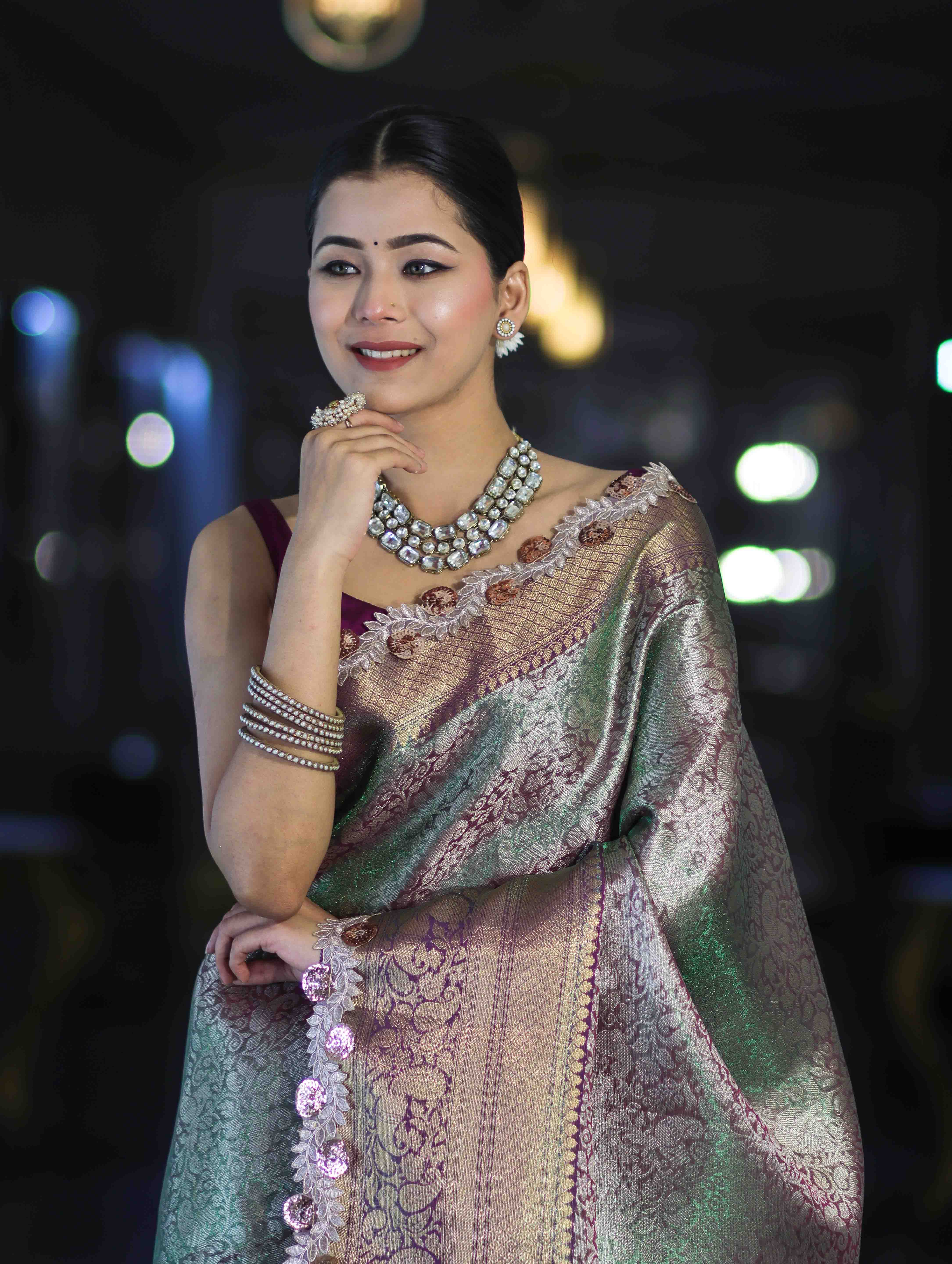 Banarasee Handloom Dual Tone Tissue Saree With Zari Weaving Floral Work & Lace Border-Green & Violet