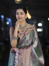 Banarasee Handloom Dual Tone Tissue Saree With Zari Weaving Floral Work & Lace Border-Green & Violet