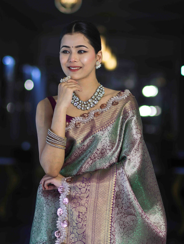 Banarasee Handloom Dual Tone Tissue Saree With Zari Weaving Floral Work & Lace Border-Green & Violet