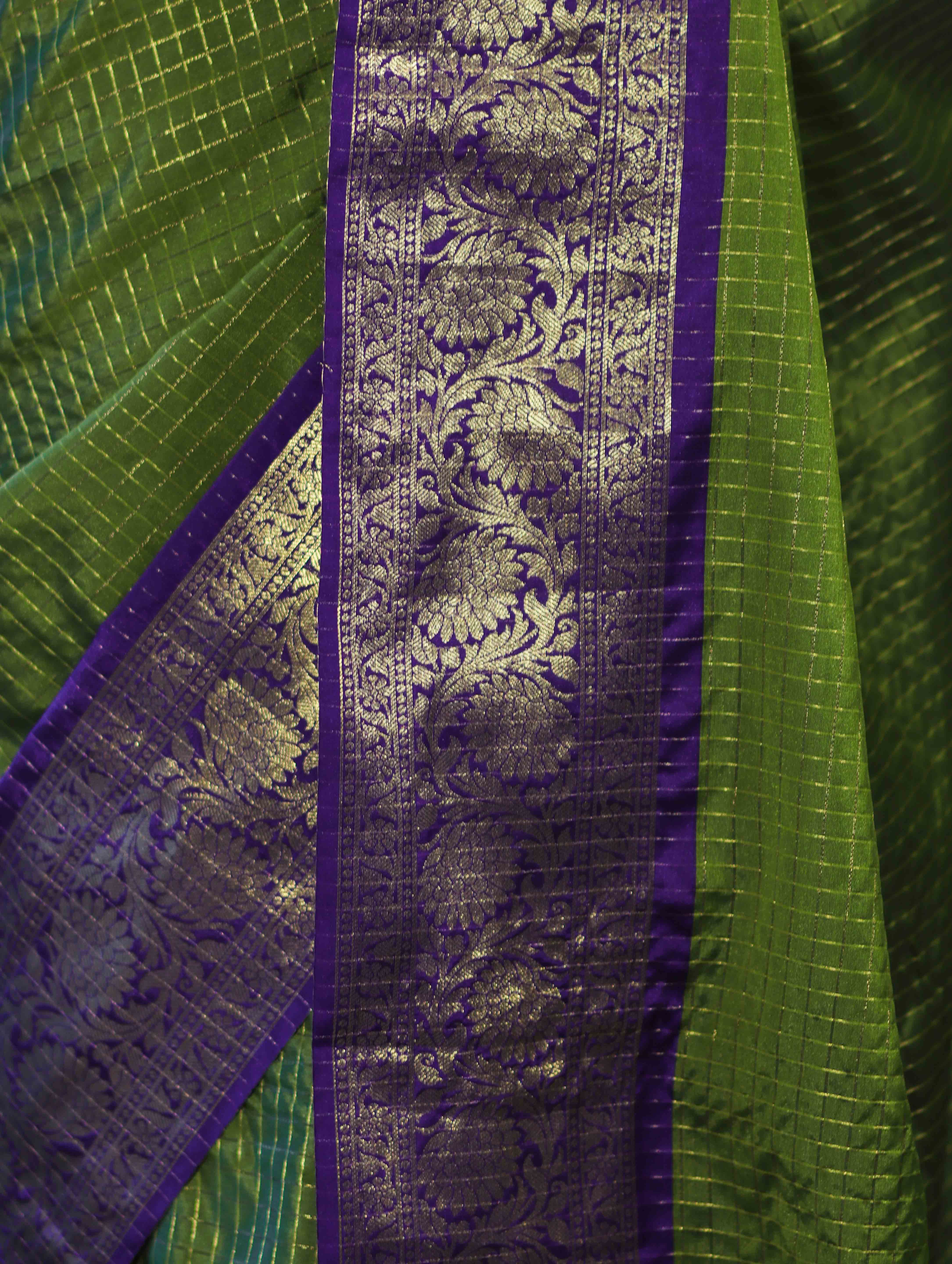 Banarasee Handloom Semi Silk Saree With Zari Checks Design & Contrast Border-Green & Purple