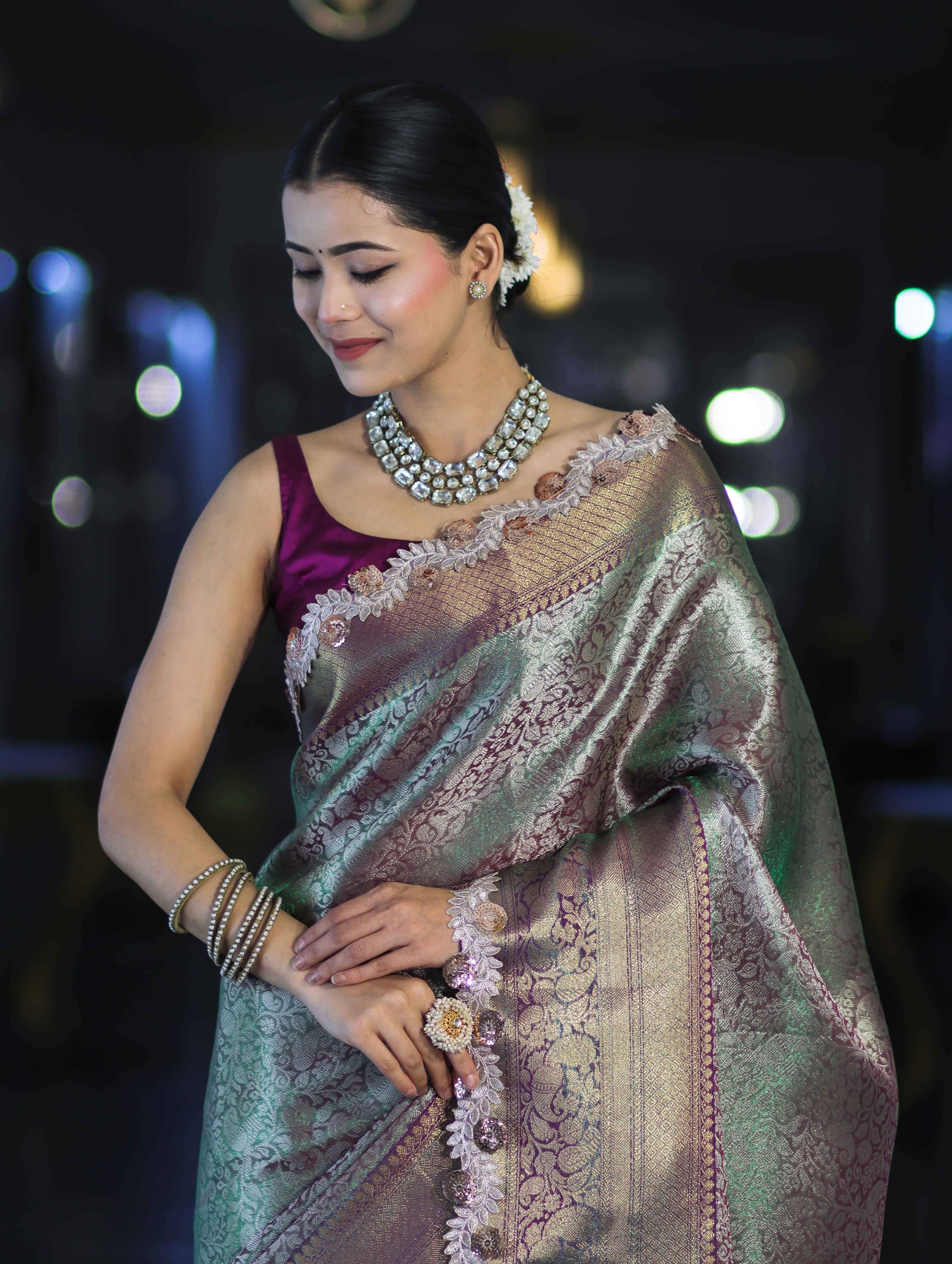 Banarasee Handloom Dual Tone Tissue Saree With Zari Weaving Floral Work & Lace Border-Green & Violet