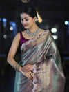Banarasee Handloom Dual Tone Tissue Saree With Zari Weaving Floral Work & Lace Border-Green & Violet