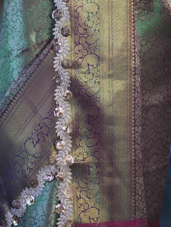 Banarasee Handloom Dual Tone Tissue Saree With Zari Weaving Floral Work & Lace Border-Green & Violet