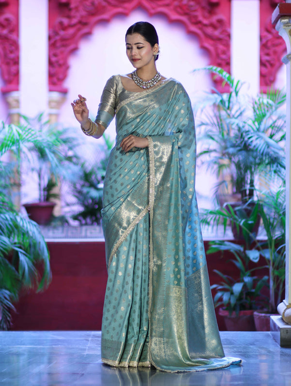 Banarasee Handloom Semi Silk Saree With Zari Buti Design & Lace Border-Mint Blue