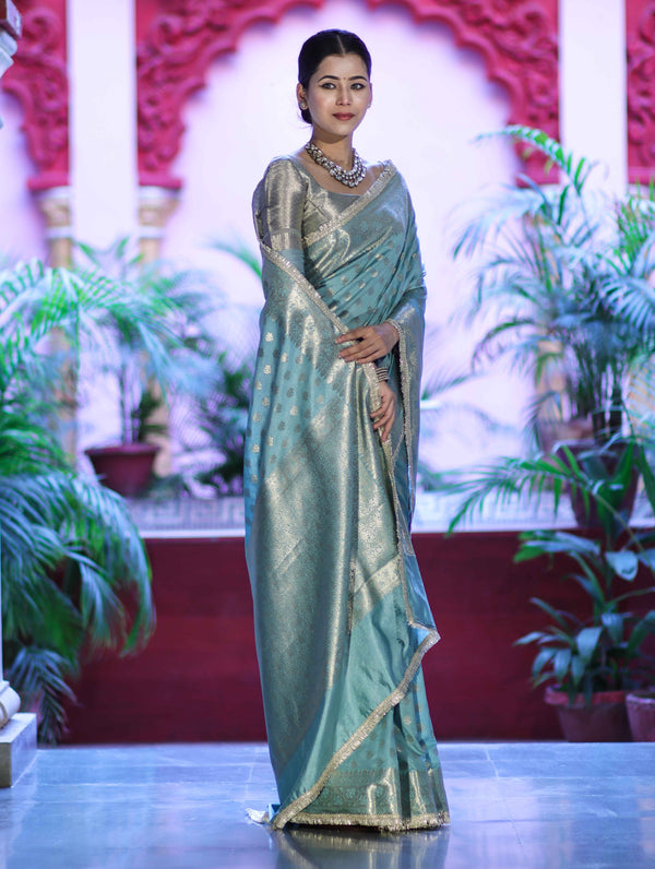 Banarasee Handloom Semi Silk Saree With Zari Buti Design & Lace Border-Mint Blue