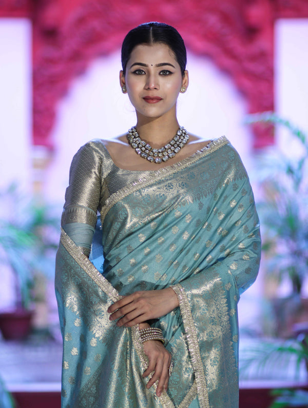 Banarasee Handloom Semi Silk Saree With Zari Buti Design & Lace Border-Mint Blue