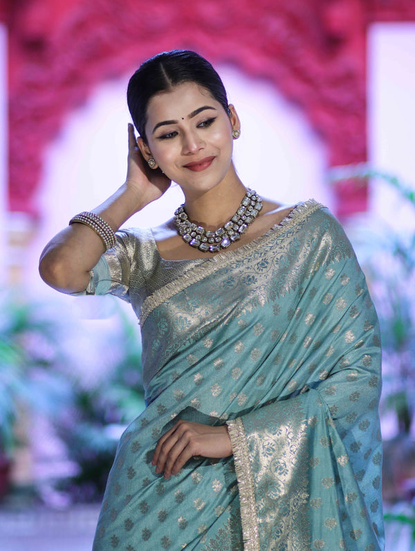 Banarasee Handloom Semi Silk Saree With Zari Buti Design & Lace Border-Mint Blue