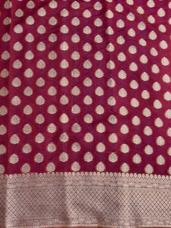 Banarasee Handwoven Georgette Saree With Zari Buta Design & Border-Maroon