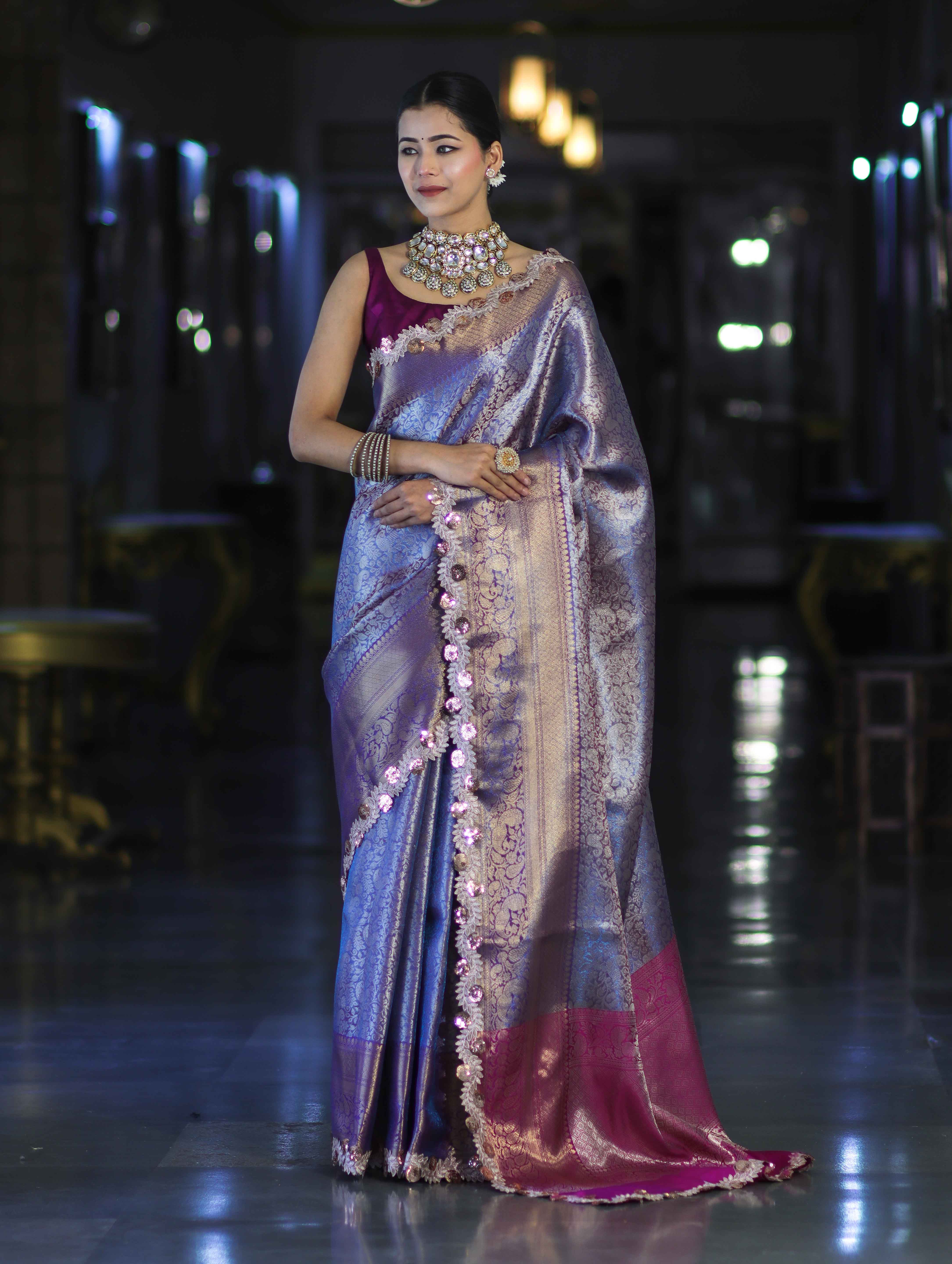 Banarasee Handloom Dual Tone Tissue Saree With Zari Weaving Floral Work & Lace Border-Blue & Violet