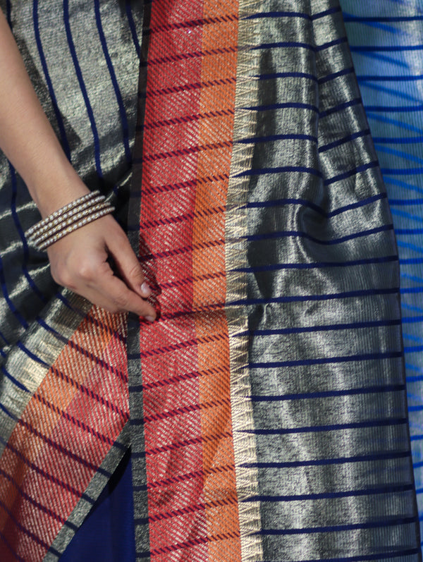 Banarasee Handloom Dual Color Tissue Saree With Stripe Pattern & Contrast Border-Grey & Blue