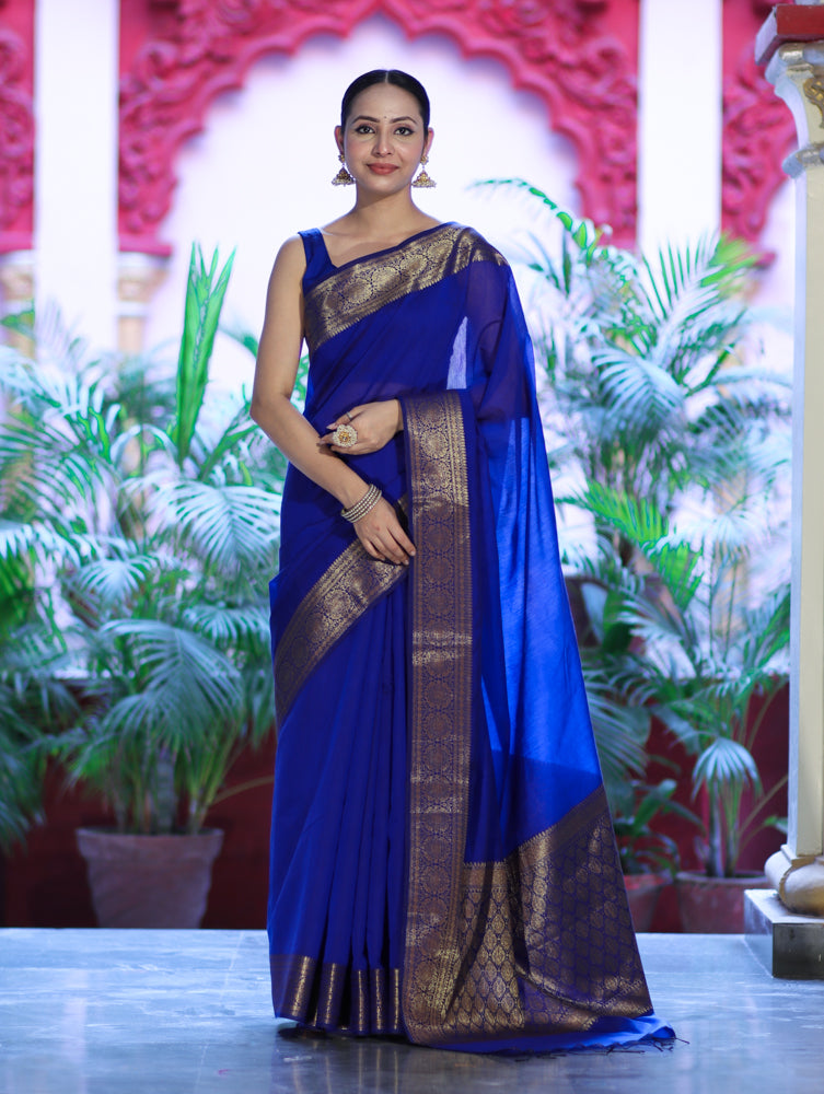 Banarasee Handloom Cotton Silk Plain Saree With Antique Zari Border-Blue