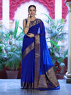 Banarasee Handloom Cotton Silk Plain Saree With Antique Zari Border-Blue