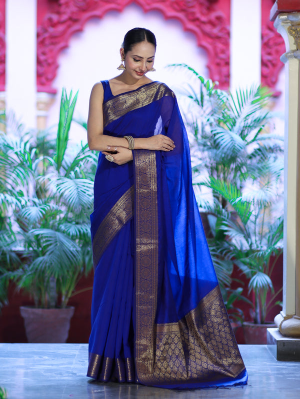 Banarasee Handloom Cotton Silk Plain Saree With Antique Zari Border-Blue