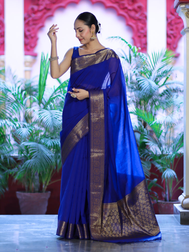 Banarasee Handloom Cotton Silk Plain Saree With Antique Zari Border-Blue
