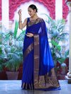 Banarasee Handloom Cotton Silk Plain Saree With Antique Zari Border-Blue