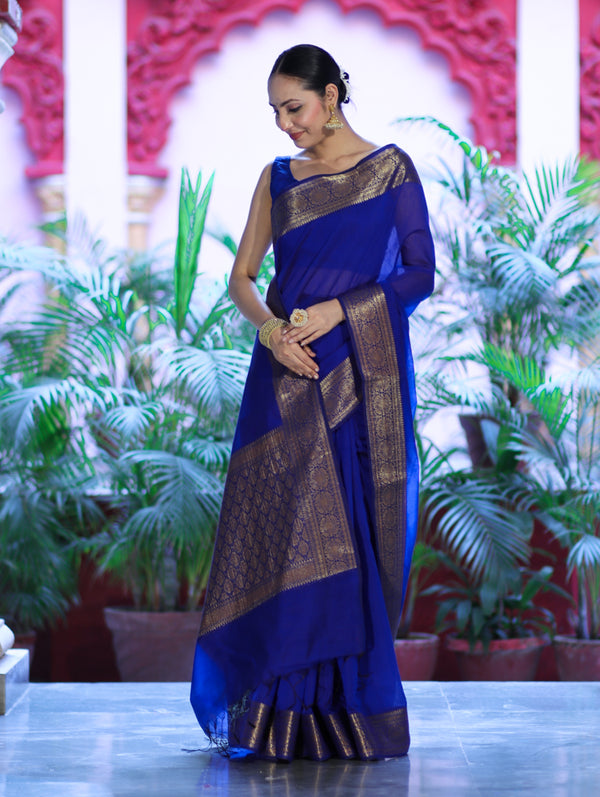 Banarasee Handloom Cotton Silk Plain Saree With Antique Zari Border-Blue