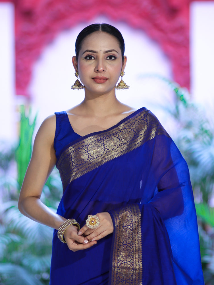 Banarasee Handloom Cotton Silk Plain Saree With Antique Zari Border-Blue